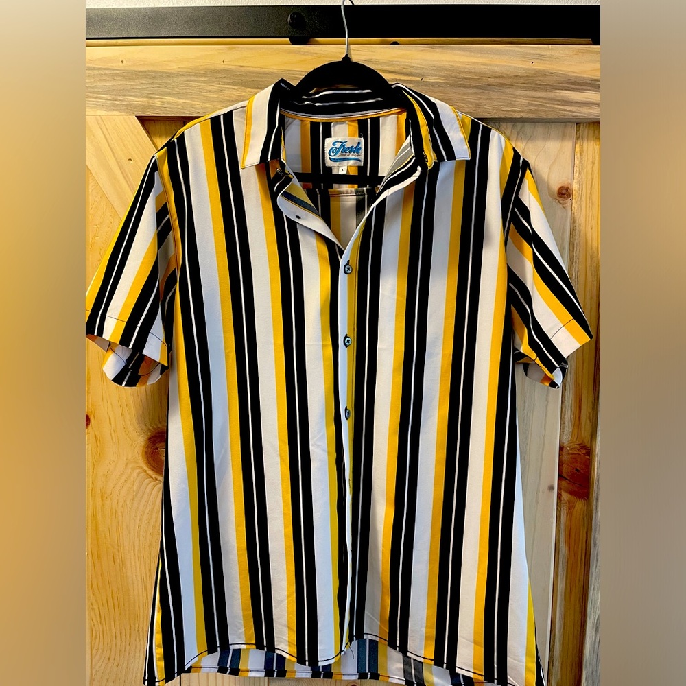 Large yellow black and white striped button up